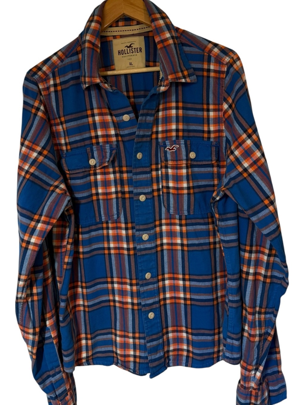 Hollister Classic Flannel Shirt Mens XL Blue Orange Plaid Button Up NWOT